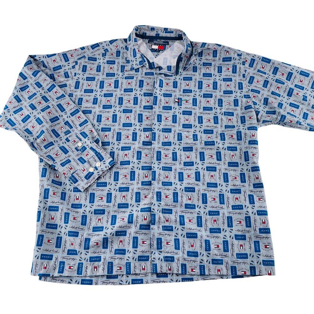 Vintage Tommy Jeans Tommy Hilfiger Button-Up Shirt XL‎ 100% Polyester Blue